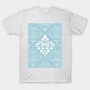 Scroll Damask Lg Pattern Mid White+Line on Blue T-Shirt